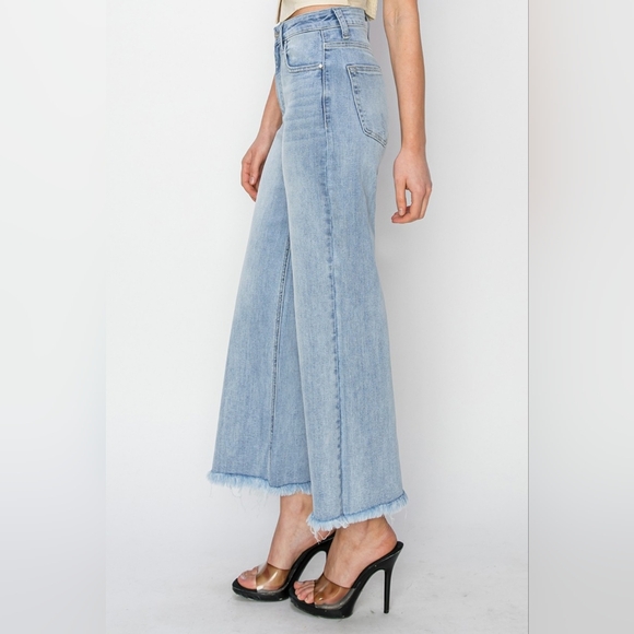 RISEN High-Rise Waist Pants Wide Leg Cropped Frayed Hem Boyfriend Denim Jeans - Picture 3 of 15